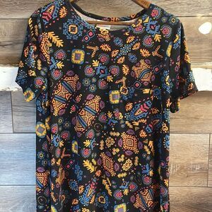 LulaRoe Ladies Carly Swing Dress Size M Black, Blue Yellow Pattern Color…